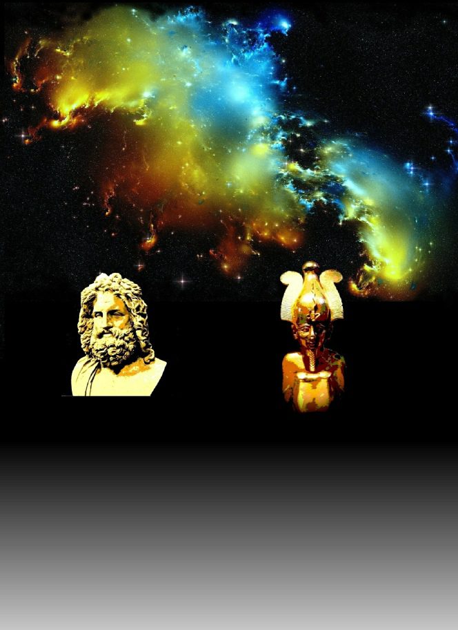 Starry sky with ancient statues